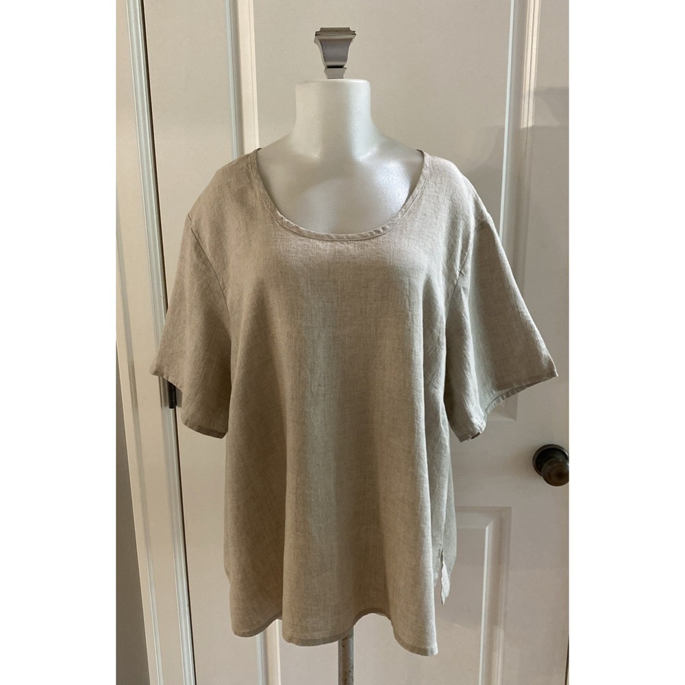FLAX Top Size 2G/2X  100% Linen Lagenlook Relaxed Coastal Beige Short Sleeve